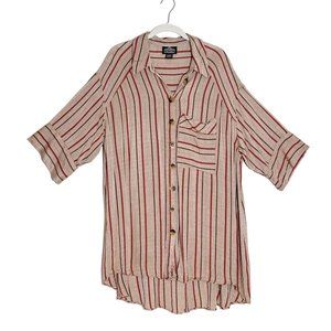Angie 1/2 Sleeve Button Up Striped Oversize Hi-Low Tunic Shirt in Tan - Sz L